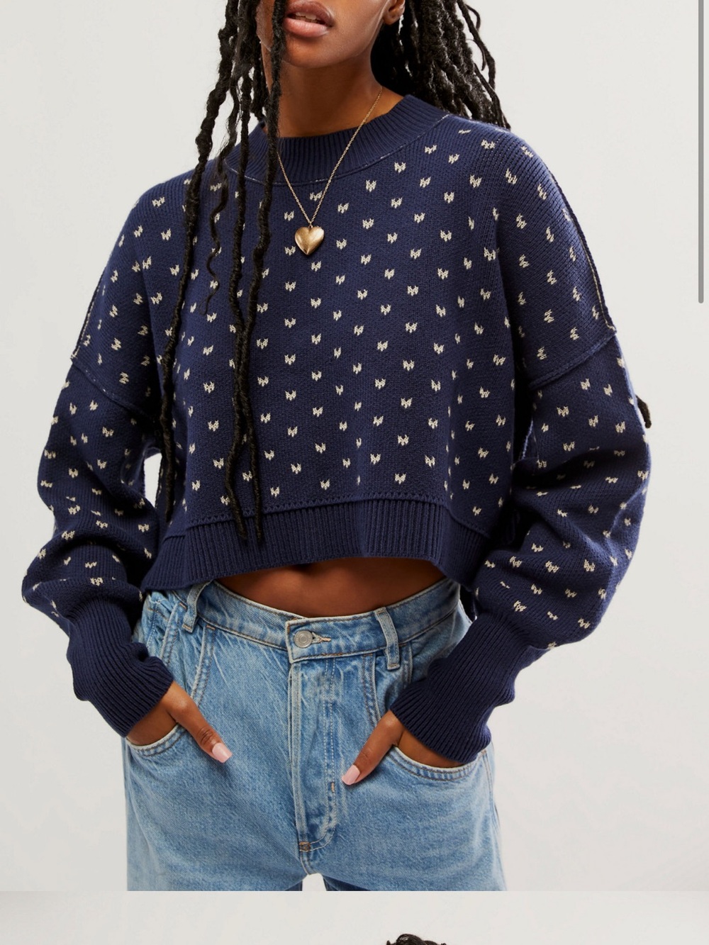 Free People Navy Cropped Crewneck Sweater with Cream Dot Pattern